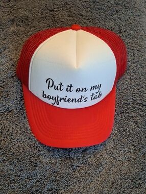 Red & White Trucker Hat with 'Put it on my boyfriend's tab' Script